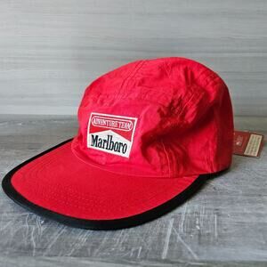 Marlboro Adventure Team Red Nylon Hat Cap Tobacco Vintage 90s Strap Promo Ad Tag